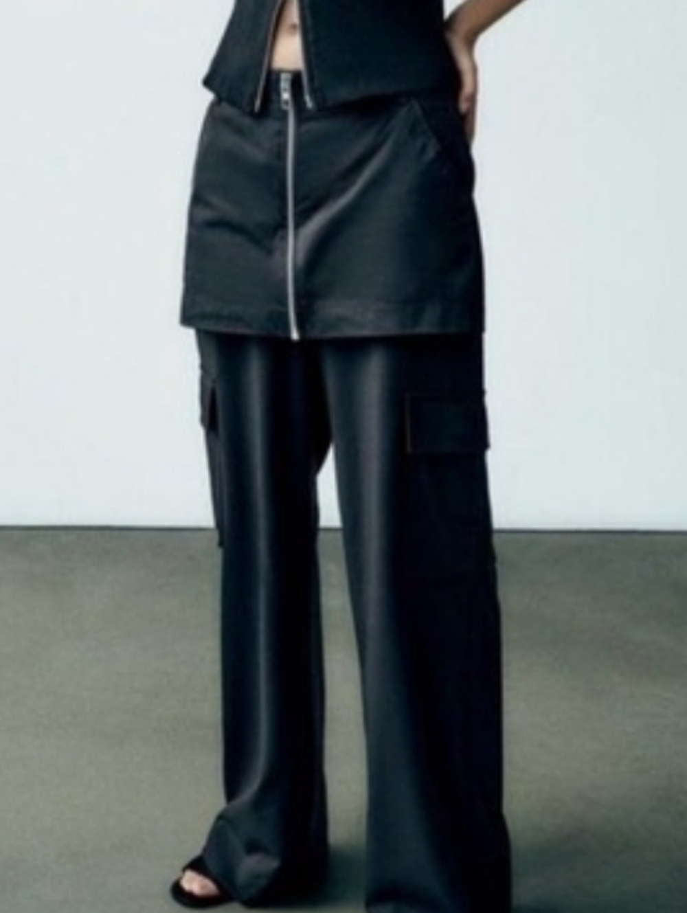 NWT Zara Black Two-Layer Skirt X Cargo Wide-Leg Pants Edgy Utilitarian Size XS